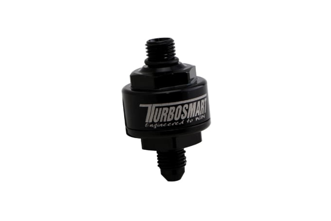 TurboBoost! Billet Turbo Oil Feed Filter 44um -4AN To -4AN ORB – Sleek Black