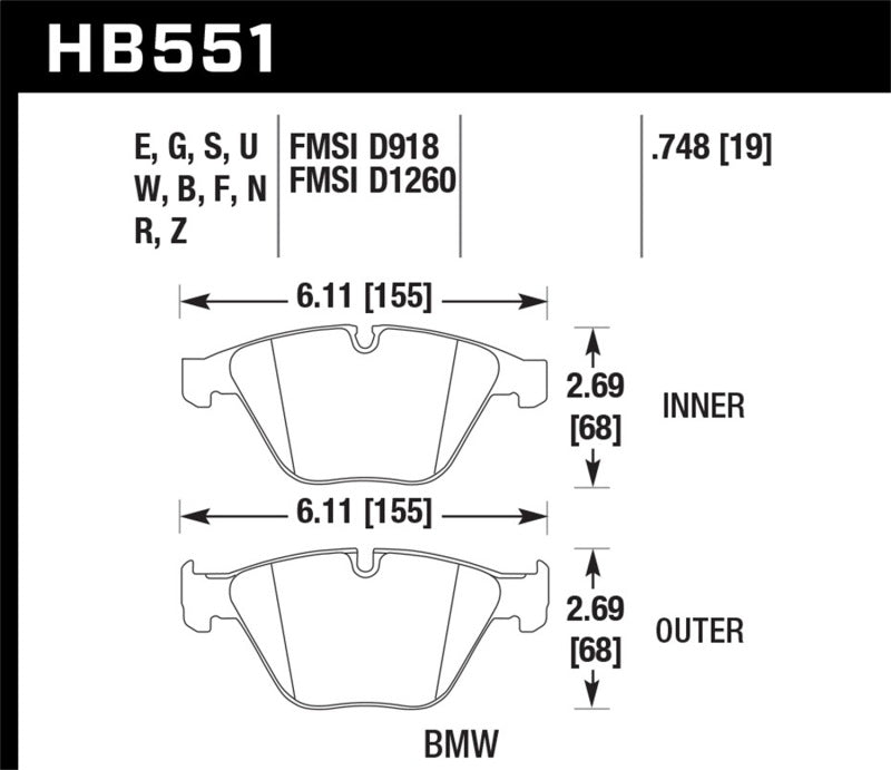 Hawk High-Performance Ceramic Street Front Brake Pads for Multiple BMW Models (2004 - 2016)