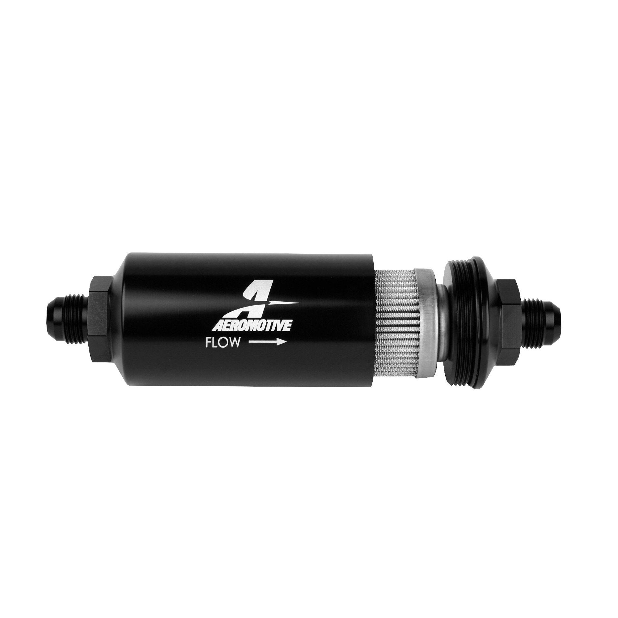 Aeromotive In-Line Filter: 100-m Stainless Mesh Element, AN-08 Male, Stunning Bright-Dip Black, 2 OD