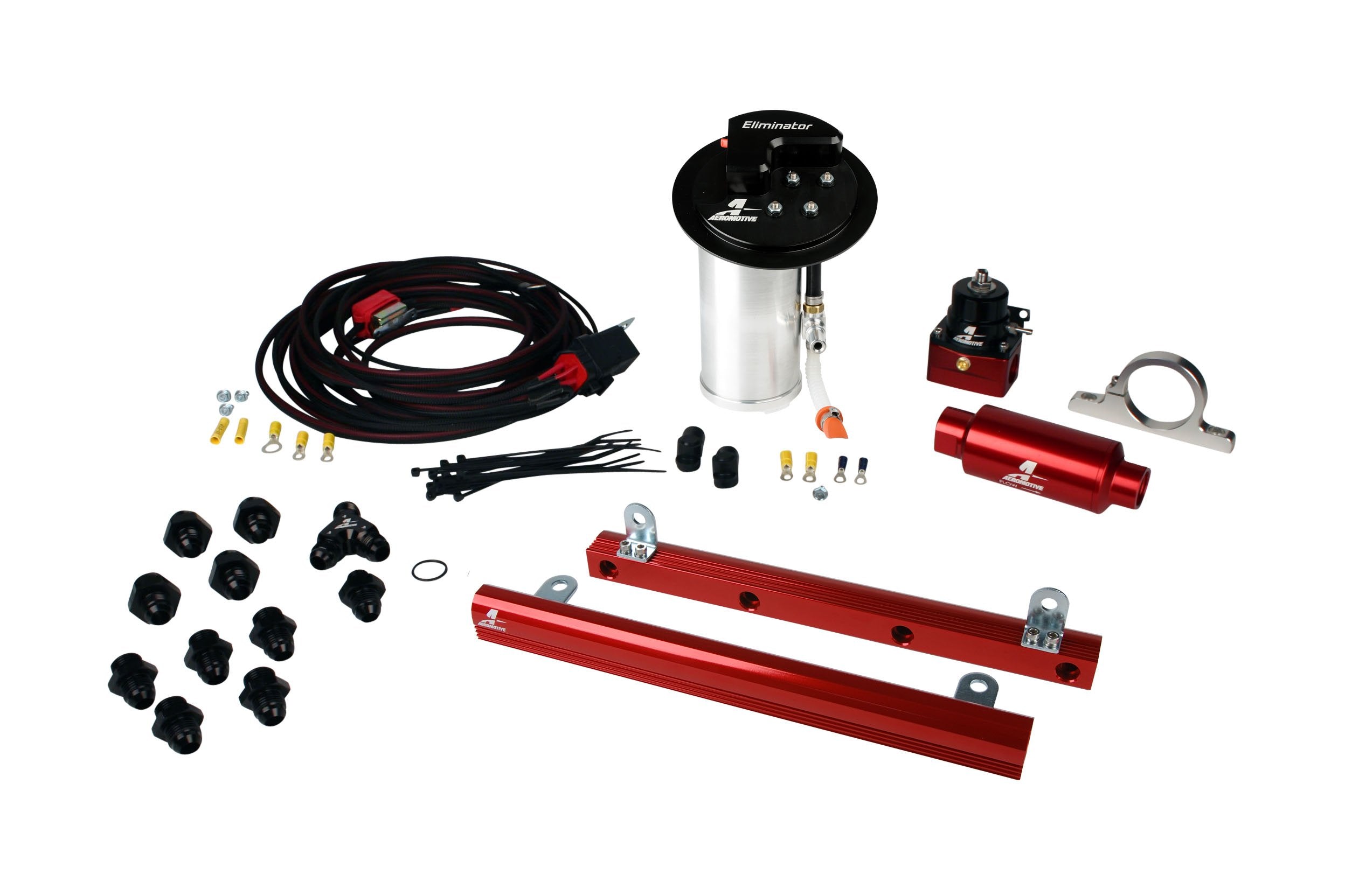 Aeromotive Fuel System Bundle for 10 - 13 Mustang GT: 18695 Elim, 14144 5.4L Rails, 16307 Wire Kit & More