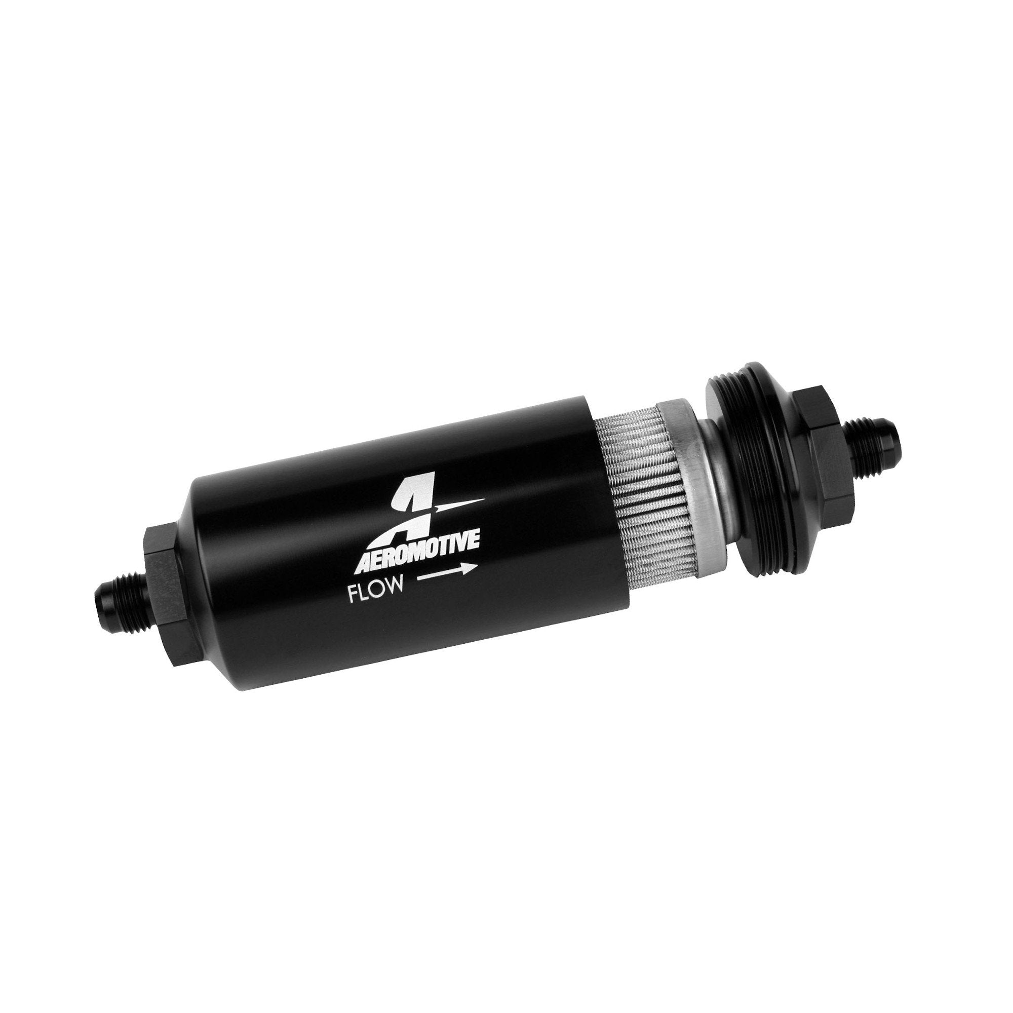 Aeromotive In-Line Filter: 40-m Stainless Mesh Element, AN-06 Male, Stunning Bright-Dip Black, 2 OD