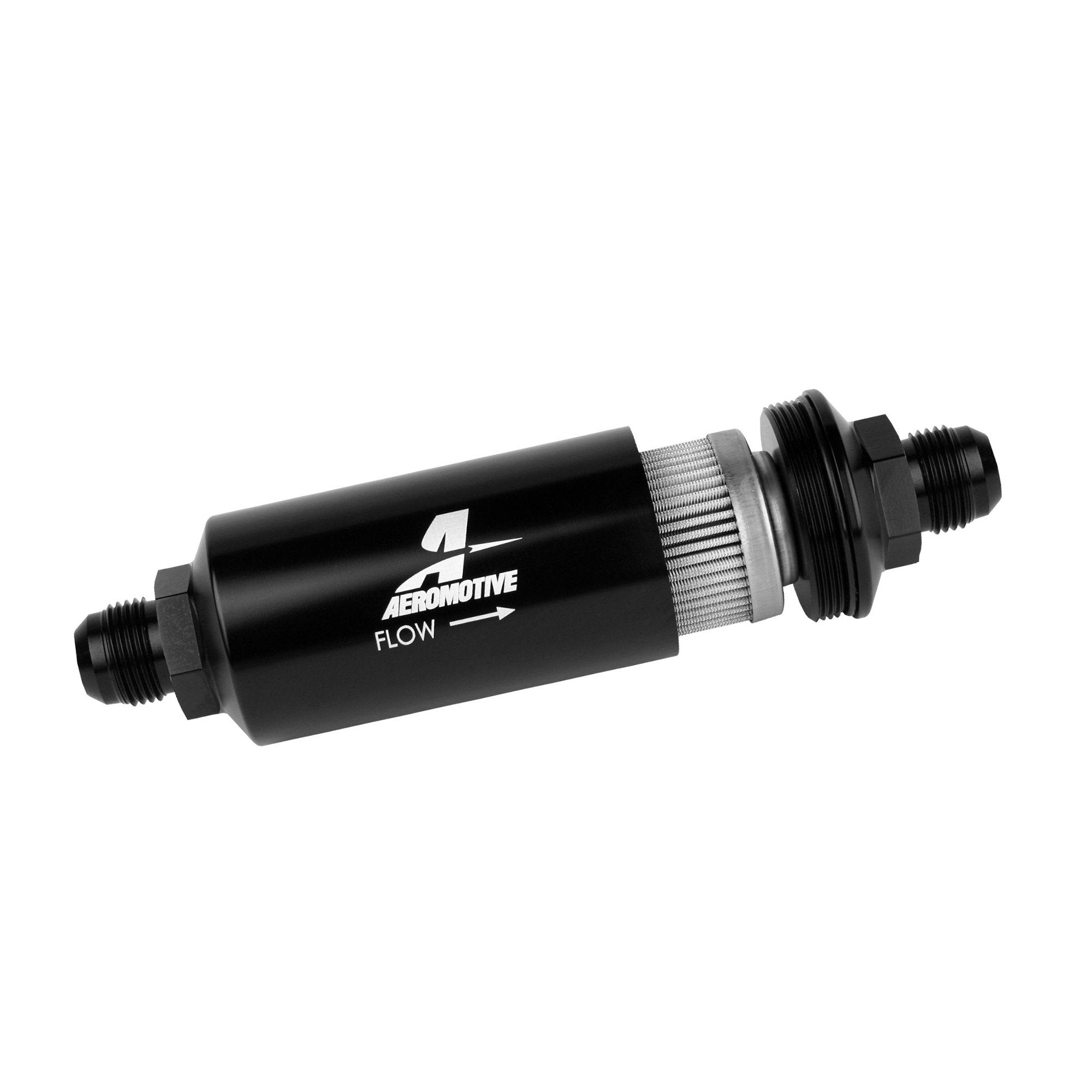 Aeromotive In-Line Filter: 40-m Stainless Mesh Element, AN-10 Male, Stunning Bright-Dip Black, 2 OD